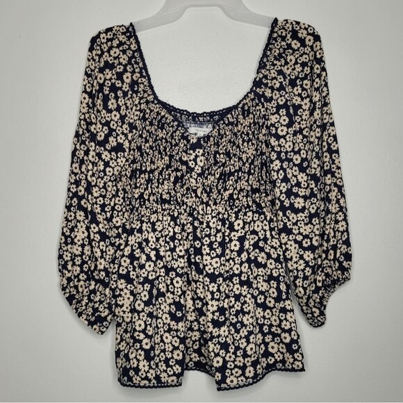 Maurices dark blue cream floral smocked boho cottage cute top size small - Picture 1 of 6